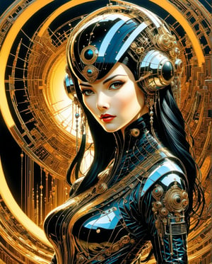 ((masterpiece)), ((best quality)), (masterpiece, highest quality), (masterpiece), Flat-colored still of one Female Master hacker named Warda, ,Olive skin color, Gothic style black hair,Brown eyes,with Black leather jumpsuit, a very attractive body crystal clear art style by Hajime Sorayama and Syd Mead