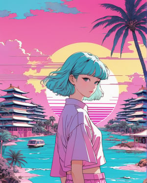 Art style by Shintaro Kago
(vaporwave aesthetics:1.8),futuristic city, English title,fantasy, matrix, desert, ocean, Chinese pavilions,Retro 70s screen close-up,coconut tree,24th century,Strong psychedelic colors and retro-future decadence,distressed and stylized, illusory、Collage、No order,dystopian、Lo-Fi、