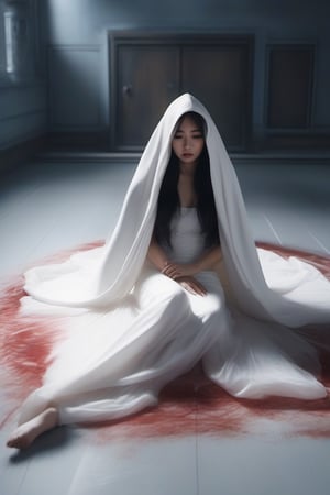 recreate shrinking scene: asian bride in long white hooded veil laying on the floor, melting and shrinking underneath her cape, body disappeared underneath clothes