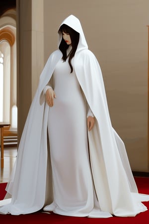 full body melting down foward on the floor korean goddess bride with long white full front covering veil cloak , long white hooded cape, and large long cathedral length white bridal flowing ball gown 