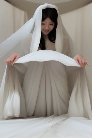 asian bride shrinking melting  disintegrating getting smaller and buried underneath massive white veil pile , and massive white flowing bubbling gown 