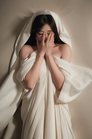 asian bride's eyes buried  and shrinking underneath a falling white flowing cloak that is covering her face, surrounded by a pooled fallen large flowing white crumpled gown on the floor melting