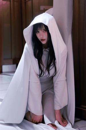 kneeling full body Asian vampire empress shrinking process and gets covered inside falling collapsing large flowing white hooded veil pile , and large white flowing gown melting