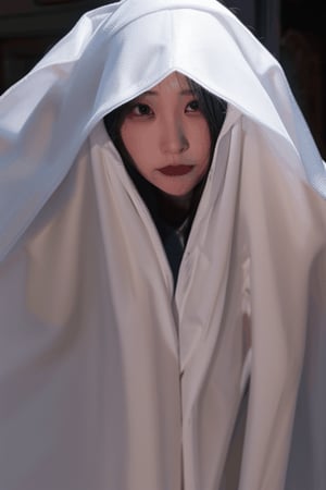 disappearing full body Asian vampire queen shrinking process  and gets covered inside by falling collapsing large flowing white hooded veil pile , and large white flowing gown melting