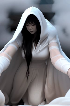asian witch shrinking melting disintegrating getting smaller going inside buried underneath massive white hooded veil pile, and massive white flowing smoky gown ,depth of field