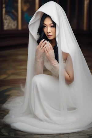 asian bride in long white hooded veil, melting to the floor like the wicked witch from oz