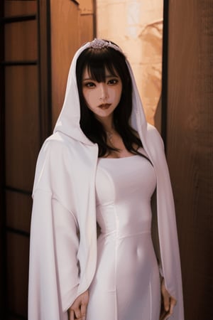 Asian vampire bride getting wrapped by her long flowing white cloak gown 