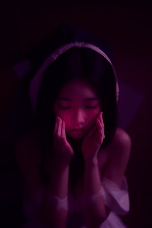 asian bride's eyes buried  and melting underneath a falling white cloak that is covering her face, surrounded by a pooled fallen white crumpled gown on the floor