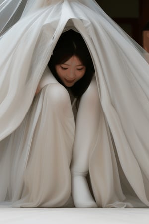 asian bride shrinking disintegrating getting smaller and buried underneath massive white veil pile , and massive white flowing gown 