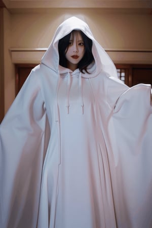 vanishing full body Asian vampire empress shrinking process and gets covered inside falling collapsing large flowing white hooded veil pile , and large white flowing gown melting