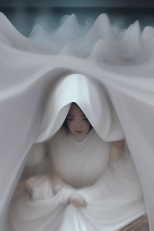 falling scene: asian witch shrinking melting disintegrating getting smaller and buried underneath massive white hooded veil pile , and massive white flowing bubbling gown 