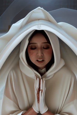 asian bride shrinking melting disintegrating getting smaller falling down inside buried underneath massive white hooded veil pile , and massive white flowing covering gown 