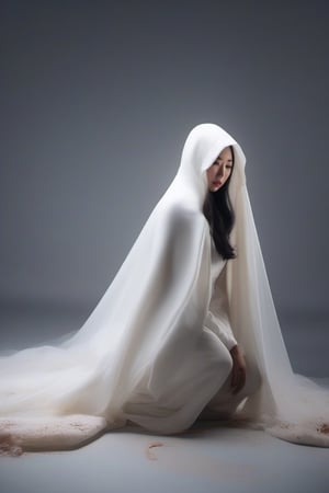 recreate shrinking scene: asian bride in long white hooded veil fallen laying on the floor, melting and shrinking underneath her cape, body disappeared underneath clothes