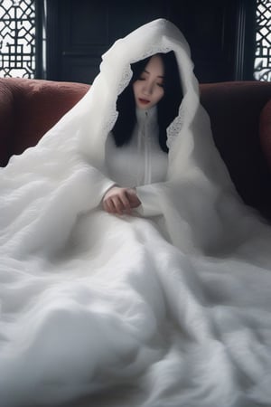 buried underneath a long white hooded lace cape, a melting chinese bride laying flat underneath a melting long flowing white gown