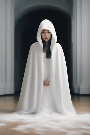 shrinking wonderland scene: tiny asian bride in large long white hooded veil fallen laying flat on the floor, melting and shrinking underneath her cape, body disappeared underneath clothes