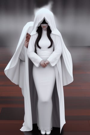 full body falling on the ground Asian ghost bride long floor length white hooded veil cloak, laid on the floor with the bride covering the bride’s face with white veil and liquid coming out of the melting white long sleeve hanfu gown floor length