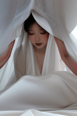 asian bride shrinking melting  disintegrating getting smaller and buried underneath massive white veil pile , and massive white flowing gown 