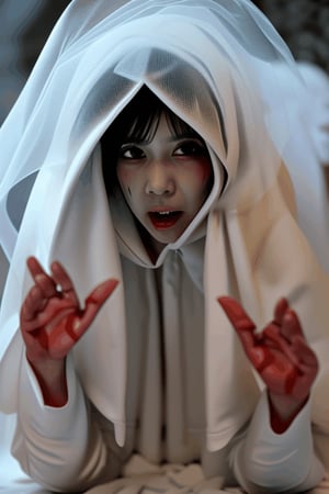asian vampire bride shrinking melting disintegrating getting smaller falling down inside buried underneath massive white hooded veil pile , and massive white flowing covering gown 