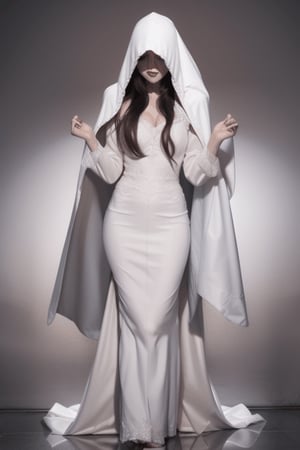 full body falling on the ground Asian vampire bride long white hooded veil cloak, laid on the floor with the bride covering the bride’s face with white veil and smoke coming out of the melting white long sleeve cape chiffon gown floor length