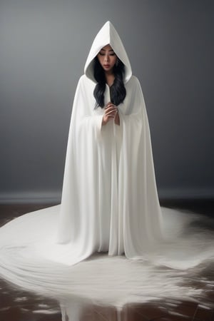 asian bride in long white hooded cloak, melting to the floor like the wicked witch