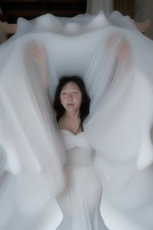 falling scene: asian witch shrinking melting disintegrating getting smaller and buried underneath massive white veil pile , and massive white flowing bubbling gown 