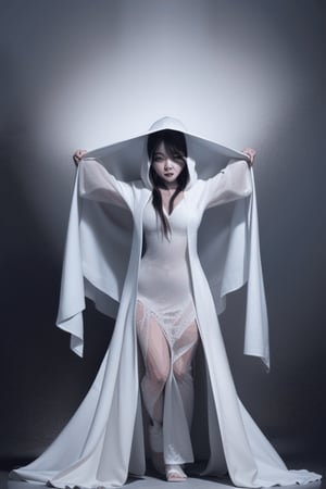 disappearing full body Asian vampire queen shrinking process  and gets covered inside by falling collapsing large flowing white hooded veil pile , and large white flowing gown melting