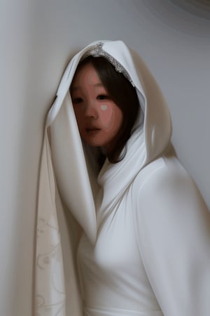 a large flowing white hooded veil pile , and large white flowing gown covers and buries the head of an shrinking asian bride sunken underneath

