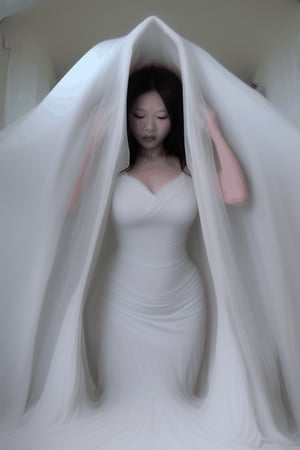 asian witch shrinking melting  disintegrating getting smaller and buried underneath massive white veil pile , and massive white flowing bubbling gown 