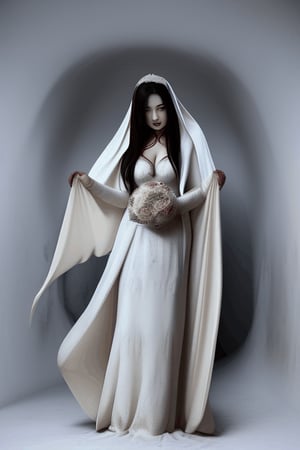Asian bride vampire's head sinking buried underneath a large amount of flowing white cloak covered full body  