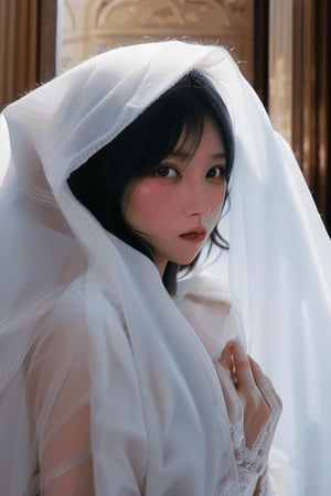 Asian bride emerges under a pile of large white hooded veil 