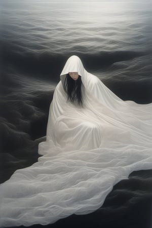 buried underneath a long white hooded lace cape, a melting japanese bride laying flat underneath a melting long flowing white cape, with body flatttened and head only exposed