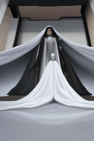 asian witch shrinking melting disintegrating getting smaller going inside buried underneath massive white hooded veil pile, and massive white flowing smoky gown, descending scene 
