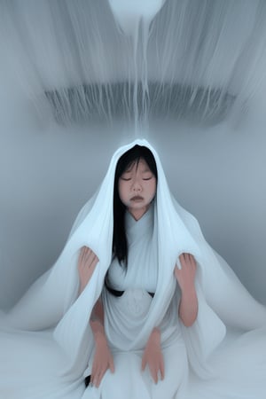 dissolving asian witch shrinking melting  disintegrating getting smaller and buried underneath massive white veil pile , and massive white flowing bubbling gown 