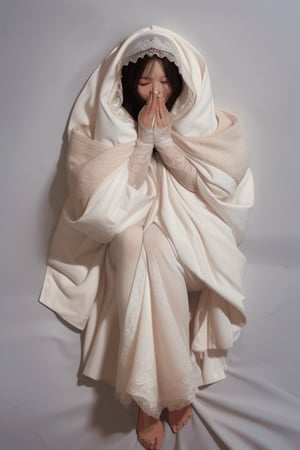 asian bride's eyes buried  and shrinking underneath a falling white flowing cloak that is covering her face, surrounded by a pooled fallen large flowing white crumpled gown on the floor