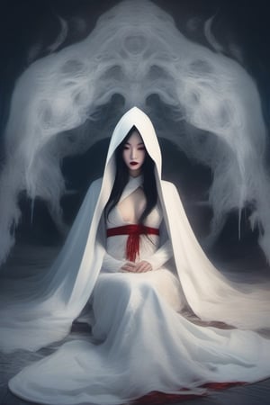 buried underneath a long white hooded lace cape, a melting chinese vampiress is laying flat underneath a melting long flowing white gown
