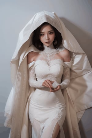 asian bride's eyes buried underneath a falling white cloak, surrounded by a pooled white gown on the floor