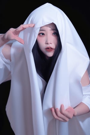 Dissolving disappearing full body Asian vampire queen gets smaller and gets covered inside falling collapsing large flowing white hooded veil pile , and large white flowing gown melting