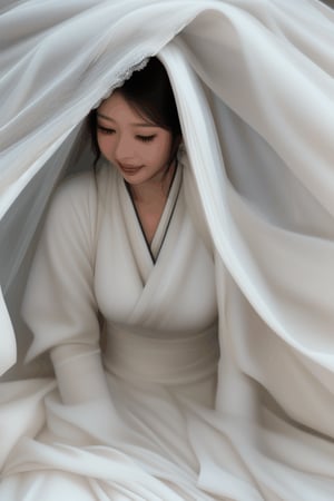 asian bride shrinking melting getting smaller and buried underneath massive white veil pile , and massive white flowing gown 
