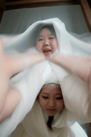 dissolving asian bride shrinking melting  disintegrating getting smaller and buried underneath massive white veil pile , and massive white flowing bubbling gown 