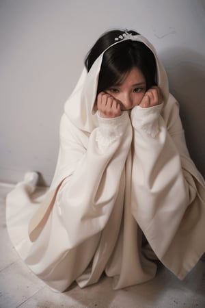 asian bride's eyes buried  and meltingunderneath a falling white cloak that is covering her face, surrounded by a pooled white crumpled gown on the floor