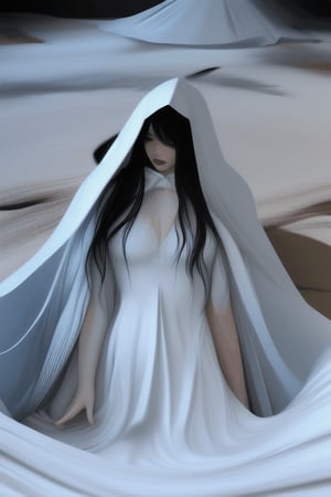 asian witch shrinking melting disintegrating getting smaller going inside buried underneath massive white hooded veil pile, and massive white flowing smoky gown, disintegrating  scene 