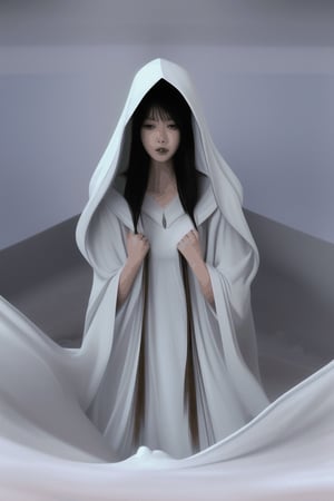 asian witch shrinking melting disintegrating getting smaller going inside buried underneath massive white hooded veil pile, and massive white flowing smoky gown, diminishing  scene 