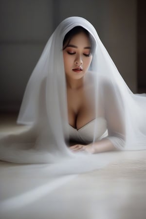asian bride in long white hooded veil laying on the floor, melting underneath her veil