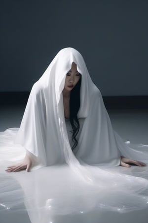 recreate melting witch scene: asian bride in long white hooded veil laying on the floor, melting underneath her cape, body disappeared underneath clothes