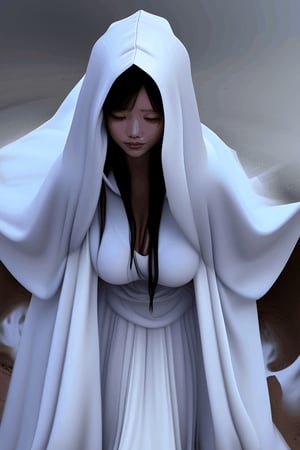asian witch shrinking melting disintegrating getting smaller going inside buried underneath massive white hooded veil pile, and massive white flowing smoky gown, melting scene 