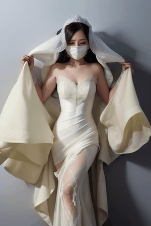 asian bride's eyes buried  and shrinking underneath a falling white cloak that is covering her face, surrounded by a pooled fallen white crumpled gown on the floor
