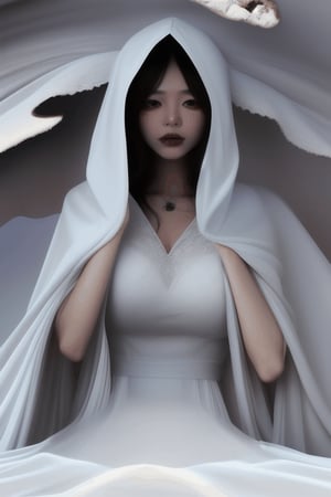 asian witch shrinking melting disintegrating getting smaller going inside buried underneath massive white hooded veil pile, and massive white flowing smoky gown, melting scene 