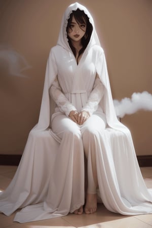 full body sitting on the floor Asian vampire bride long white hooded veil cloak, laid on the floor with the bride covering the bride’s face with white veil and smoke coming out of the melting white long sleeve cape chiffon gown floor length