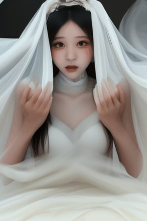 dissolving asian bride shrinking melting  disintegrating getting smaller and buried underneath massive white veil pile , and massive white flowing bubbling gown 