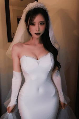 Asian vampire bride getting covered by her long flowing white gown 